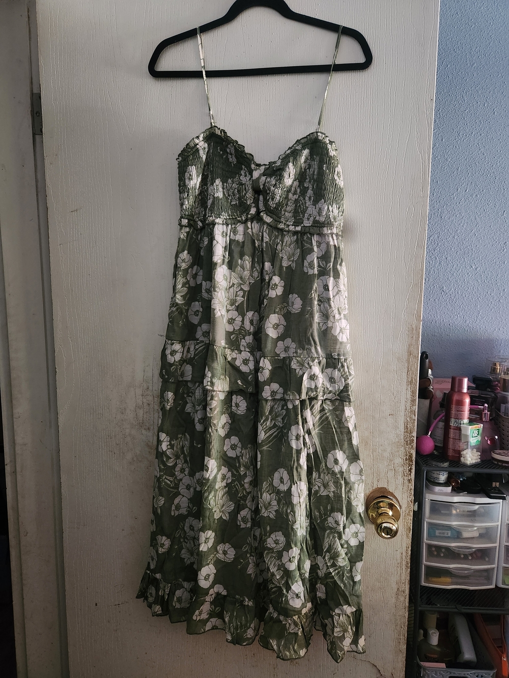 Trixxi Olive & White Floral Tiered Maxi Dress with Spaghetti Straps